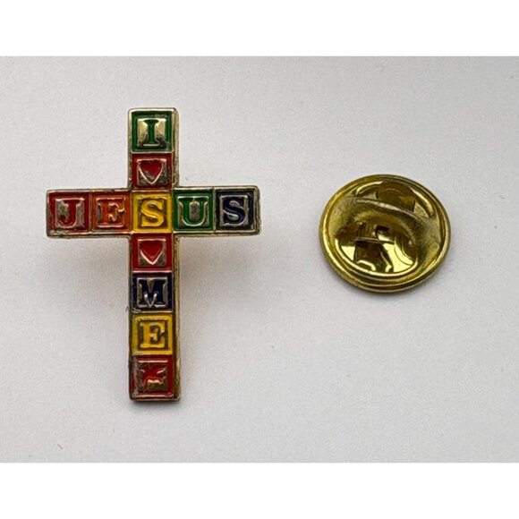 I Love Jesus Cross Pin Brooch Jesus Loves Me Colored Block Gold Tone Religious - Picture 5 of 6